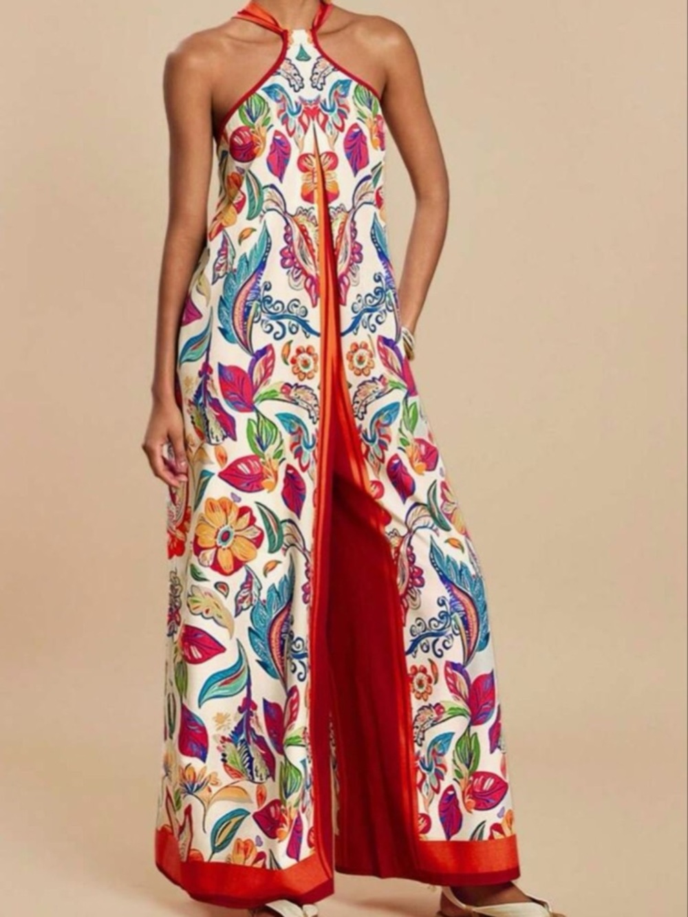 Boutique Cream Halter Floral Print Jumpsuit with Red Trim